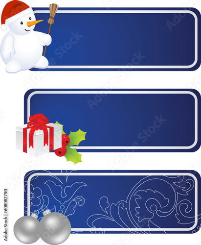Three blue labels with Christmas decoration. Isolated on a white. Vector illustration.