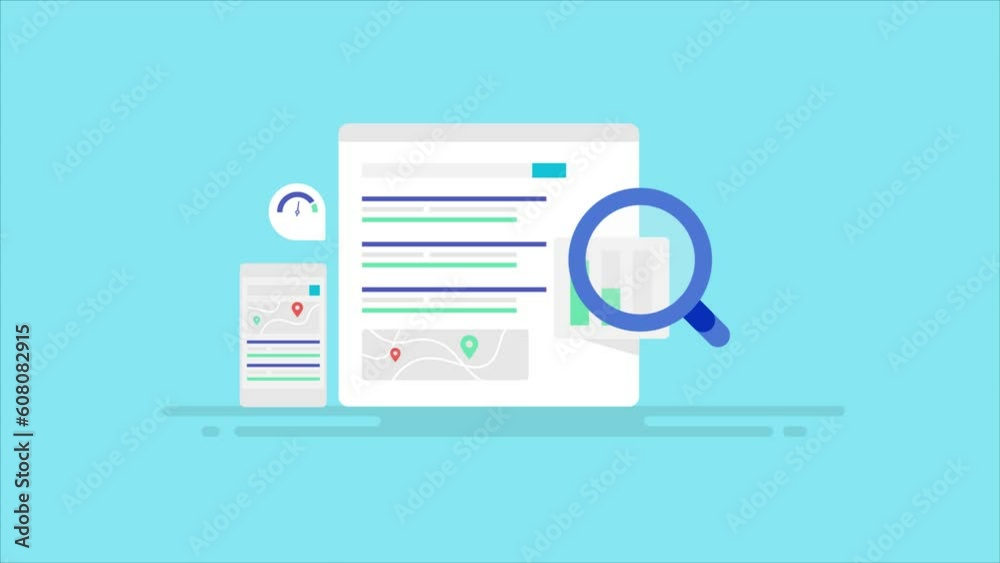 Search engine page displaying contextual website link and business location map geo navigation on mobile device, SEO ranking analytics concept. Video animation.