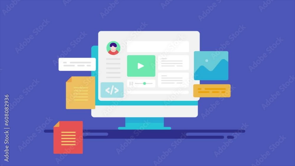 Content management software on computer screen, website admin using cms managing content creation, edit and publish on web page. Saas technology video animation.