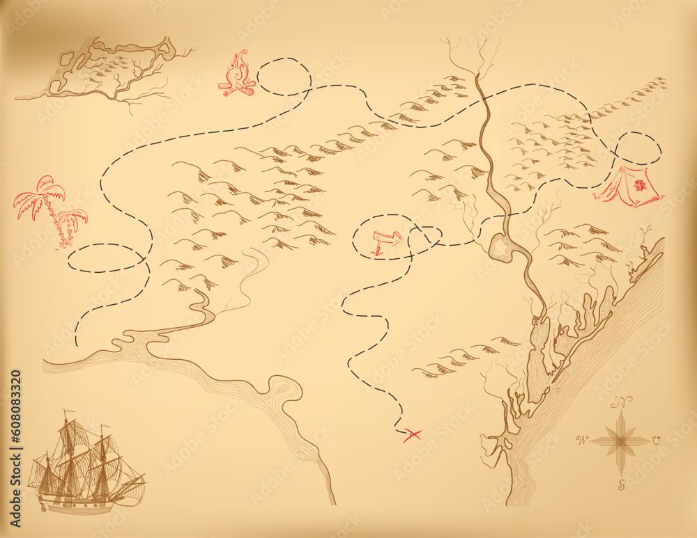An old map of the island, indicating the route. Vector.