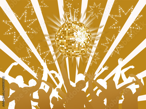 vector eps 10 illustration of dancing people silhouettes on a golden party background