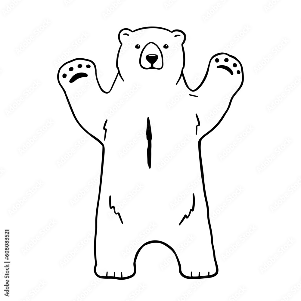 Obraz premium White polar bear stands on paws. Outline vector illustration of forest animal.