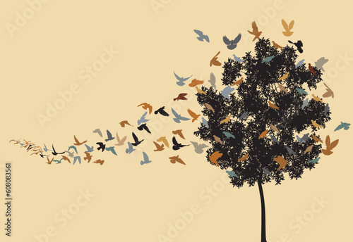 Vector silhouettes of a pigeon flock flying to a tree roost