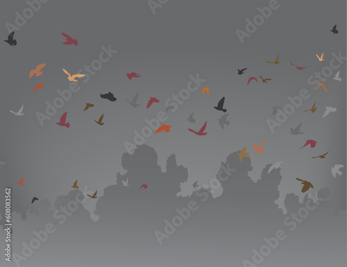 Vector illustration of a flock of flying birds against a gray sky