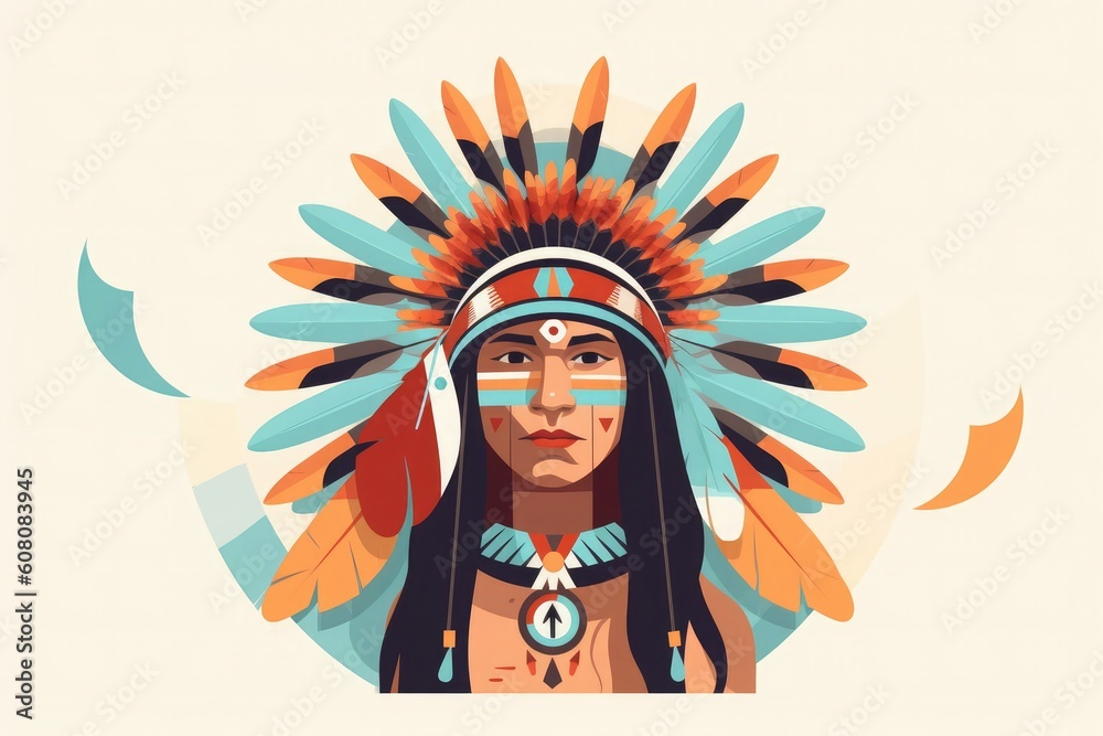 Fototapeta premium a native American Man wearing a feather headdress, vector art. Generative AI