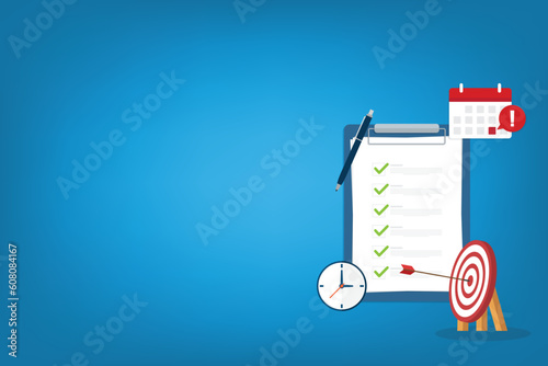 Meeting agenda. Reminder with a event list and schedule. Presentation with memo, Assignment target. Clipboard, checklist. Project task management and effective time.