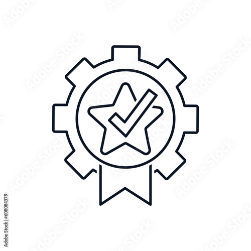 A gear marked with a star and a check mark. Patented technology. Vector linear icon isolated on white background.