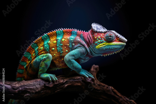 Close-up of bright chameleon on the branch on dark background, Generative AI © Aleksandr Bryliaev