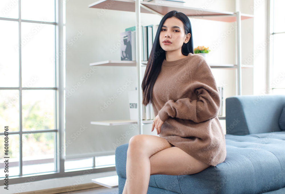 Millennial Asian beautiful pretty female model in casual outfit big brown warm sweater sitting on cozy sofa couch posing in living room. Millennial Asian beautiful pretty female model in casual outfit big brown warm sweater sitting on cozy sofa couch posing in living room.