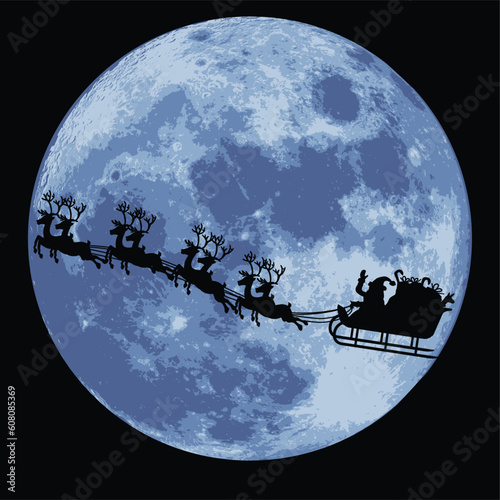 illustrations of santa claus with his sleigh and reindeers.