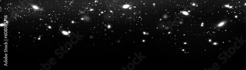 White light sparkles glowing border on black transparent background. Vector realistic illustration of shiny fireflies, magic power effect, confetti bokeh overlay pattern, abstract stardust texture