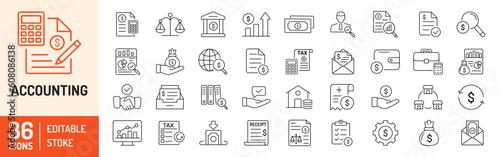 Accounting editable stroke outline icons set. Accountant, financial, business firm tax, statement, calculator, and balance sheet icons. Vector illustration