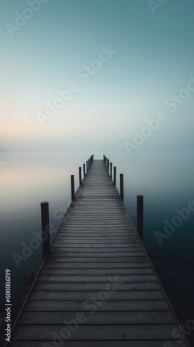 long dock reaching out into the water on a misty day.  Made with the highest quality generative AI tools