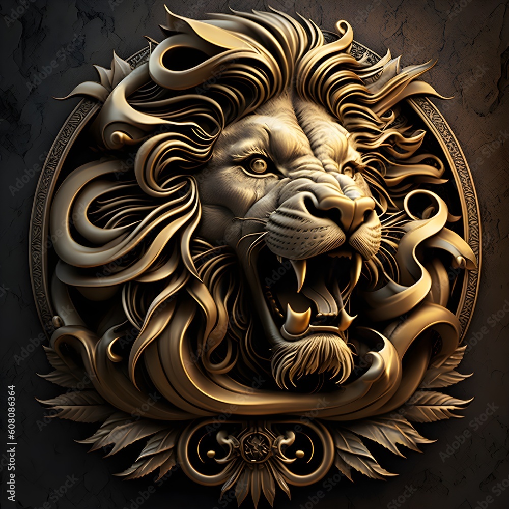 Obraz premium Golden emblem roaring lion. Generative AI