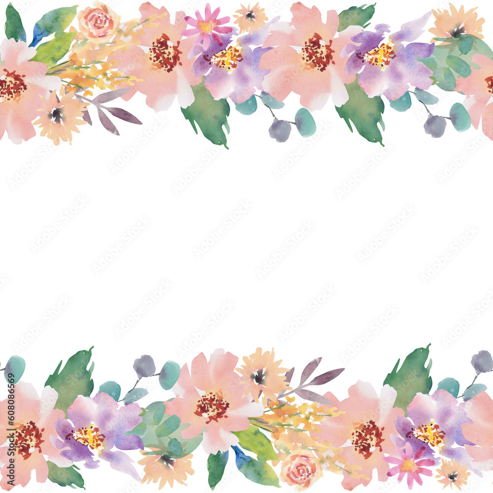 Seamless border of flowers. Watercolor illustration. Floral background. A frame of roses, peonies, gerberas, calendula, cosmea.