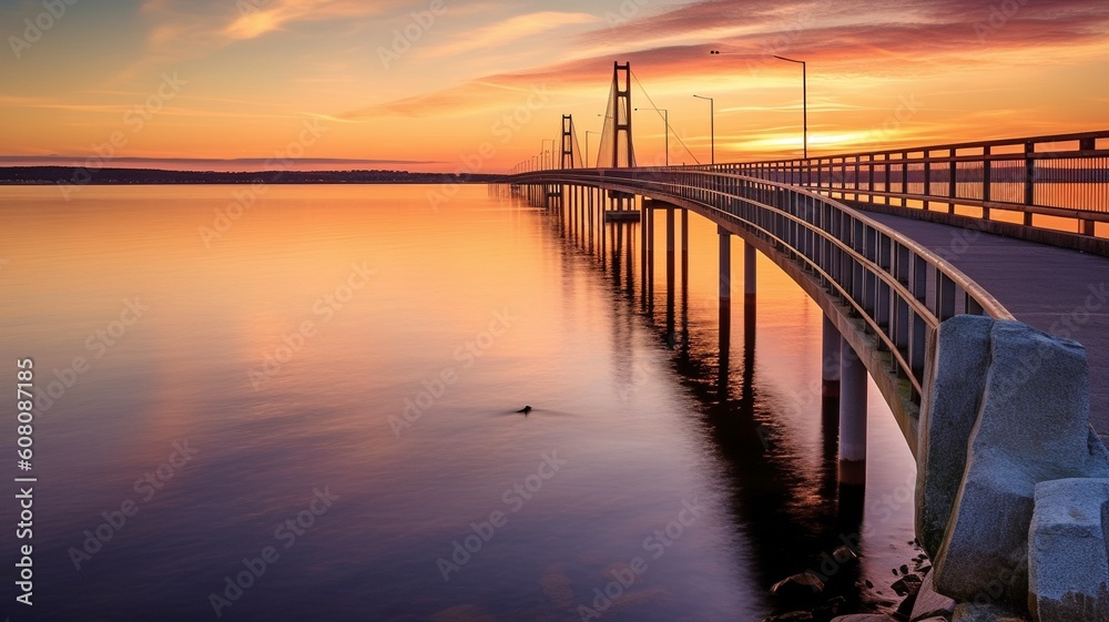 Obraz premium Long exposure of the Infinite Bridge and Aarhus Bay at dawn, Denmark, Aarhus. GENERATE AI