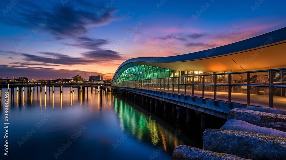 Fototapeta premium Long exposure of the Infinite Bridge and Aarhus Bay at dawn, Denmark, Aarhus. GENERATE AI