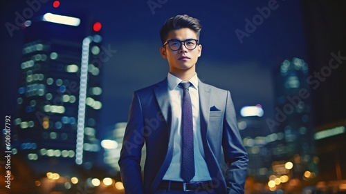 attractive businessman, nighttime cityscape.organization idea.  GENERATE AI