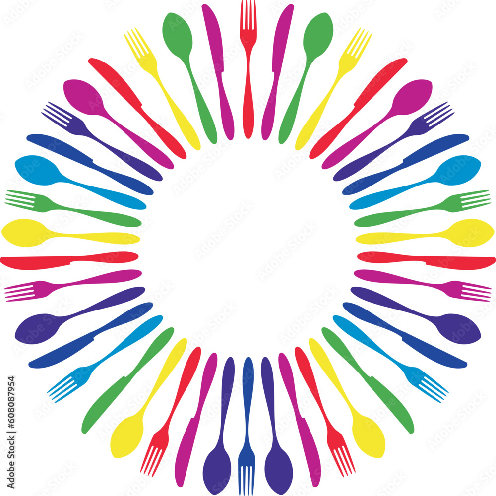 Obraz premium Cutlery icons. Colorful cutlery silhouettes in circle on white background. Vector available.