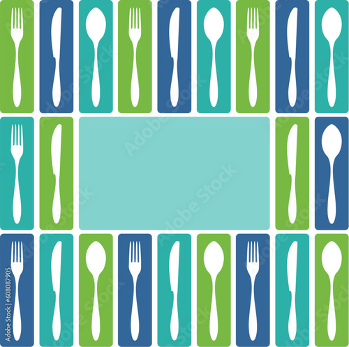 Food, restaurant, menu design with cutlery icons as frame. Fork, knife and spoon silhouettes on different backgrounds. Vector avaliable photo
