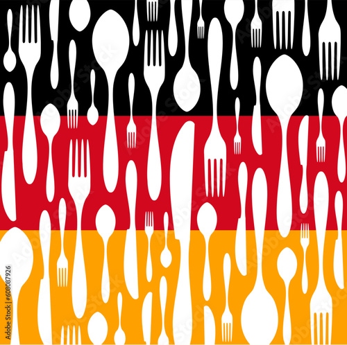 German Cuisine. Cutlery silhouettes: spoon, knife and fork pattern on black, red and yellow wide striped background as an icon of the country flag. Vector available