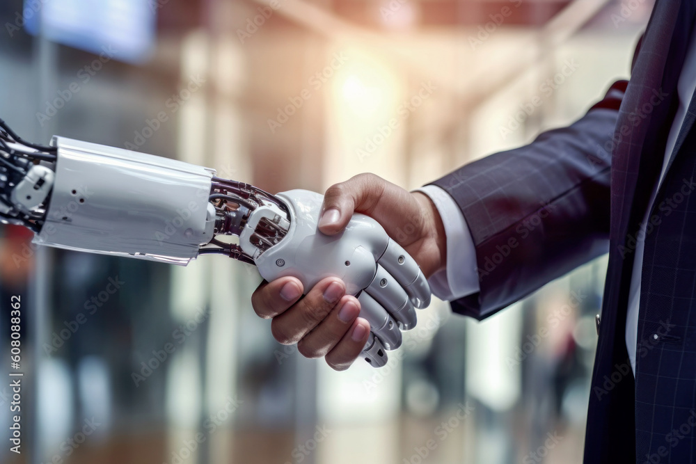 AI robot and human handshake, Generative AI - obrazy, fototapety, plakaty 