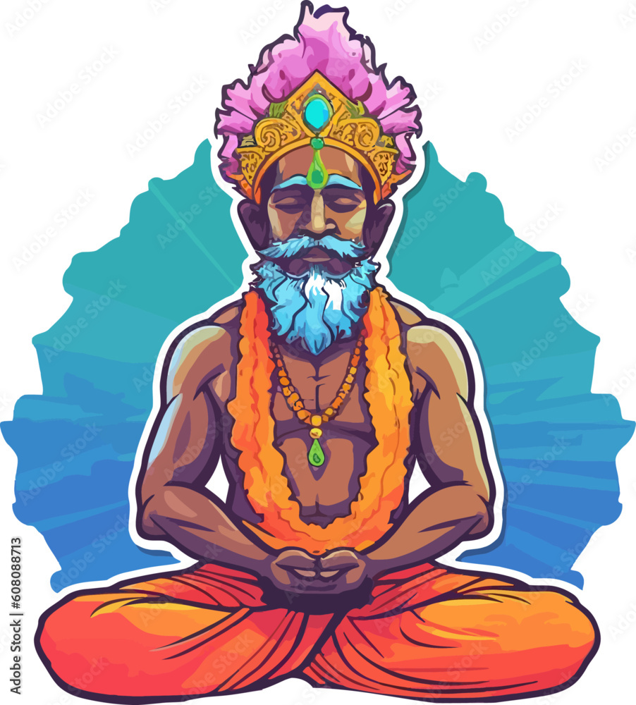 Obraz premium Old man in meditation. Lotus pose sitting with legs crosse. Spiritual yoga exercise vivid vector. 