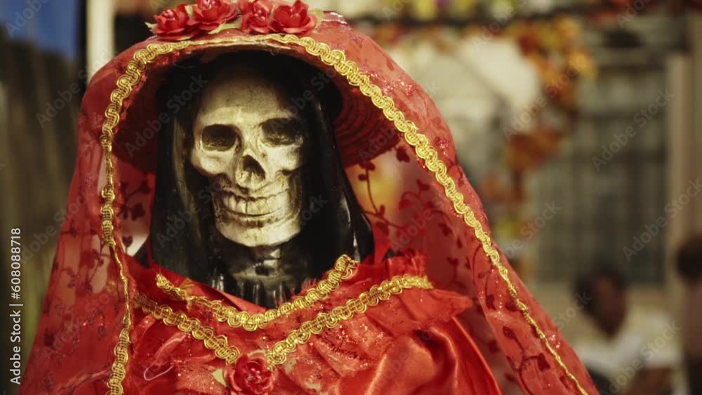 Close up of a skeleton dressed in a red robe with flowers on the head for Día de Muertos - Day of the Dead in Mexico City. Close up of a skeleton dressed in a red robe with flowers on the head for Día de Muertos - Day of the Dead in Mexico City.