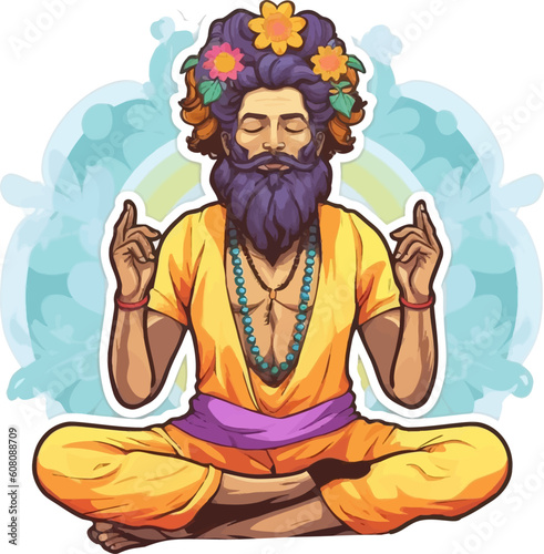 Old man in meditation. Lotus pose sitting with legs crosse. Spiritual yoga exercise vivid vector. 