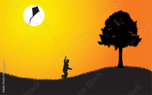 A young boy flying a kite at sunset. Editable vector illustration.