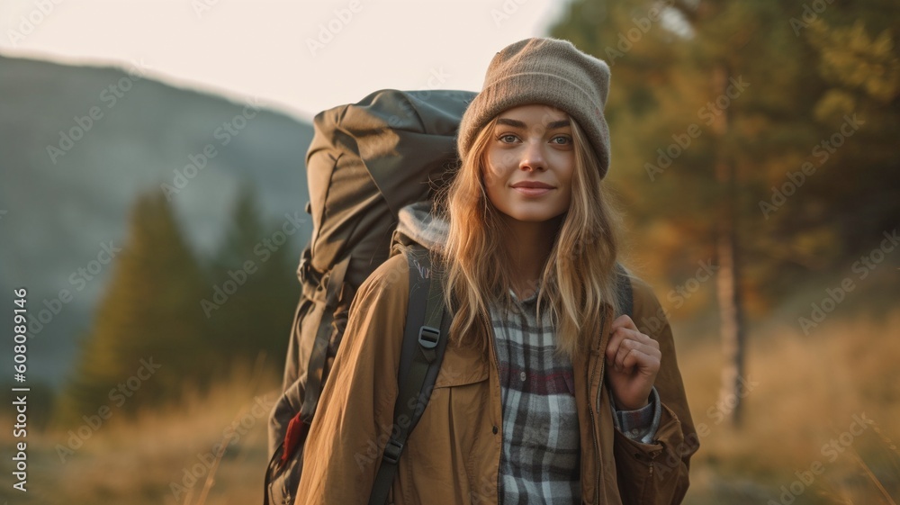 Young lady camping and trekking in the wilderness. GENERATE AI