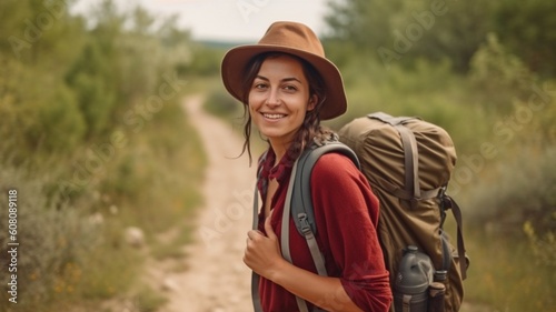 Young lady camping and trekking in the wilderness. GENERATE AI