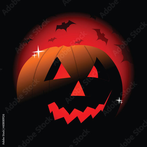 Happy halloween card with a evil pumpkin over a red and black background with vampires.