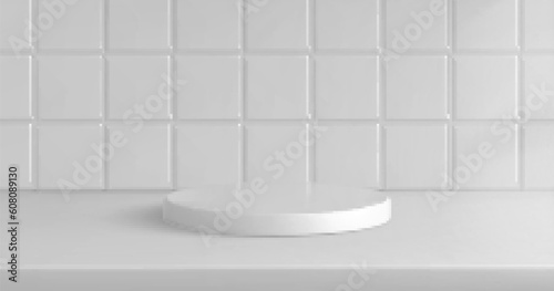3d white kitchen tile podium platform background. Perspective product display studio with pedestal scene and shadow. Abstract realistic clean bath room ceramic showcase for presentation and mockup