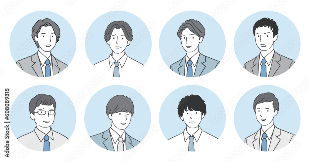 ネガティブな表情の男性サラリーマン アイコンアバターセット 怒る・困る・悲しむ・不満・悩む ネガティブな表情の男性サラリーマン アイコンアバターセット 怒る・困る・悲しむ・不満・悩む
