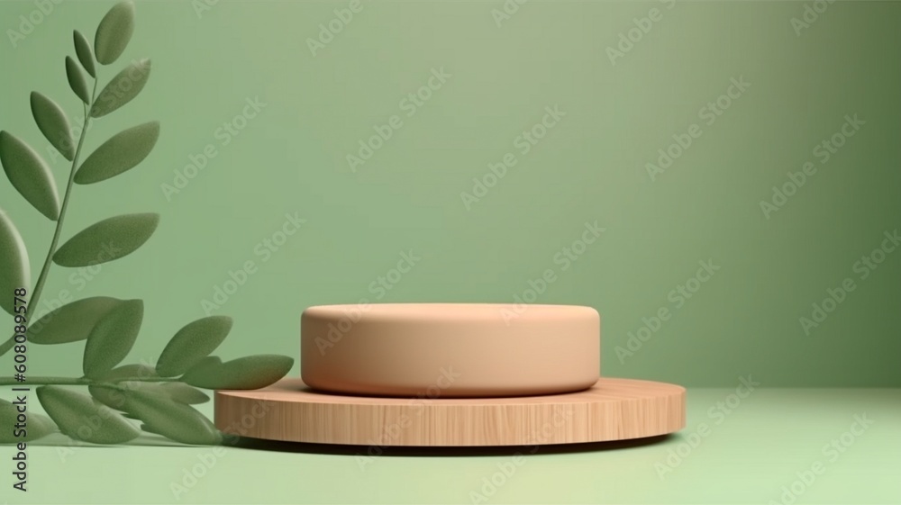 Display on a 3D wooden platform with leaf shadow. green background in the copy space. Mockup for a cosmetics or beauty product.trendy 3D render illustration in the art deco style. Display on a 3D wooden platform with leaf shadow. green background in the copy space. Mockup for a cosmetics or beauty product.trendy 3D render illustration in the art deco style.