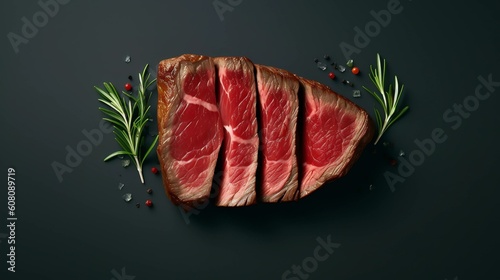 Sliced Red Rare Beef Steak Top View Thick Marbling Generative AI photo