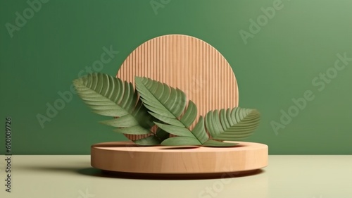 Display on a 3D wooden platform with leaf shadow. green background in the copy space. Mockup for a cosmetics or beauty product.trendy 3D render illustration in the art deco style. 
