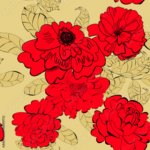 Seamless wallpaper with flowers and leaves