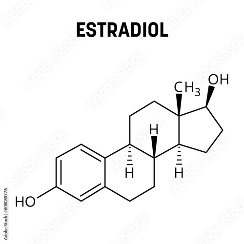 Estradiol molecular structure. Estradiol is an estrogen steroid hormone and the major female sex hormone. Vector structural formula of chemical compound.