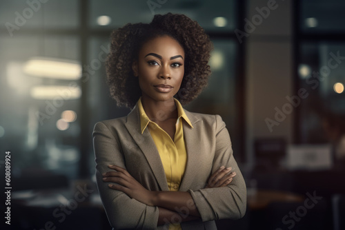 Bllack woman in a business suit standing in a confident pose. Woman's rights equality success of African-American people generative ai