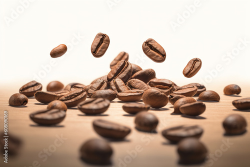 Falling coffee beans and freshly roasted coffee beans on white background