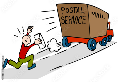 An image of a man chasing mail truck with urgent mail.