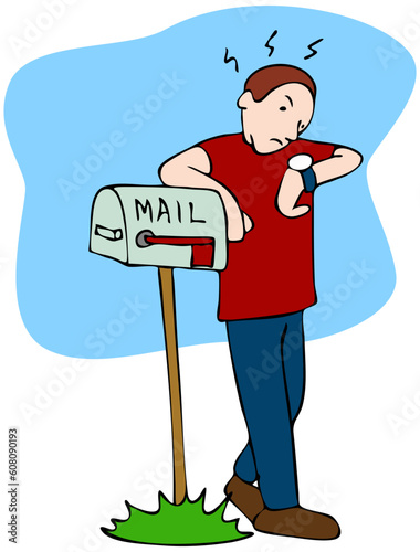 An image of a man waiting for the mailman to bring the mail.
