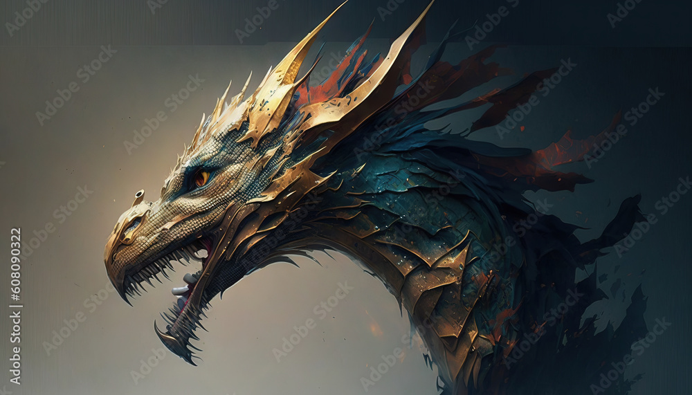 Fototapeta premium Dragon animal abstract wallpaper. Contrast background mythical creature in vivid colors generative ai