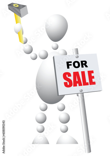 Man with a hammer mounts a sign announcing the sale of. Abstract 3d-human series from balls. Variant of white isolated on white background. A fully editable vector illustration for your design.