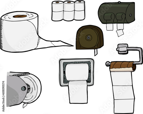 Set of 7 isolated, hand-drawn rolls of bathroom tissue and toilet paper dispensers.