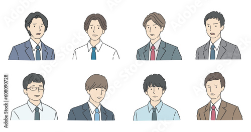 ネガティブな顔の男性ビジネスマン アバターアイコンセット 悩む・困る・悲しい・怒り・不満
