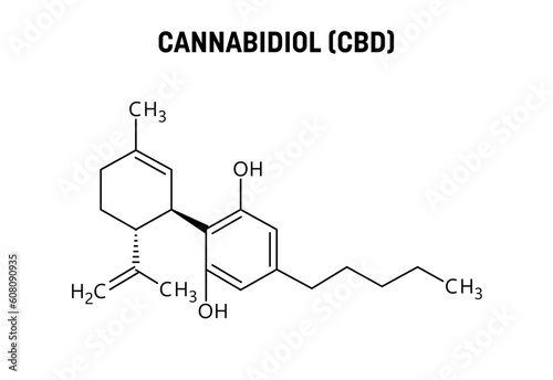 Cannabidiol, or CBD, molecular structure. Cannabidiol is a phytocannabinoid extracted from cannabis. Vector structural formula of chemical compound.