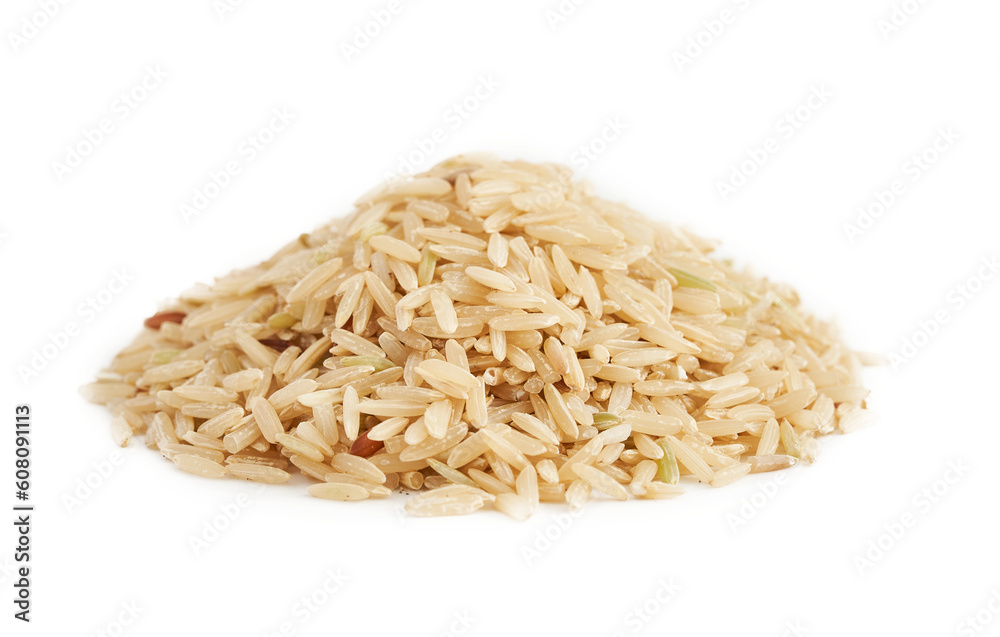 raw brown rice isolated on white background. pile of raw brown rice isolated. heap of raw brown rice isolated